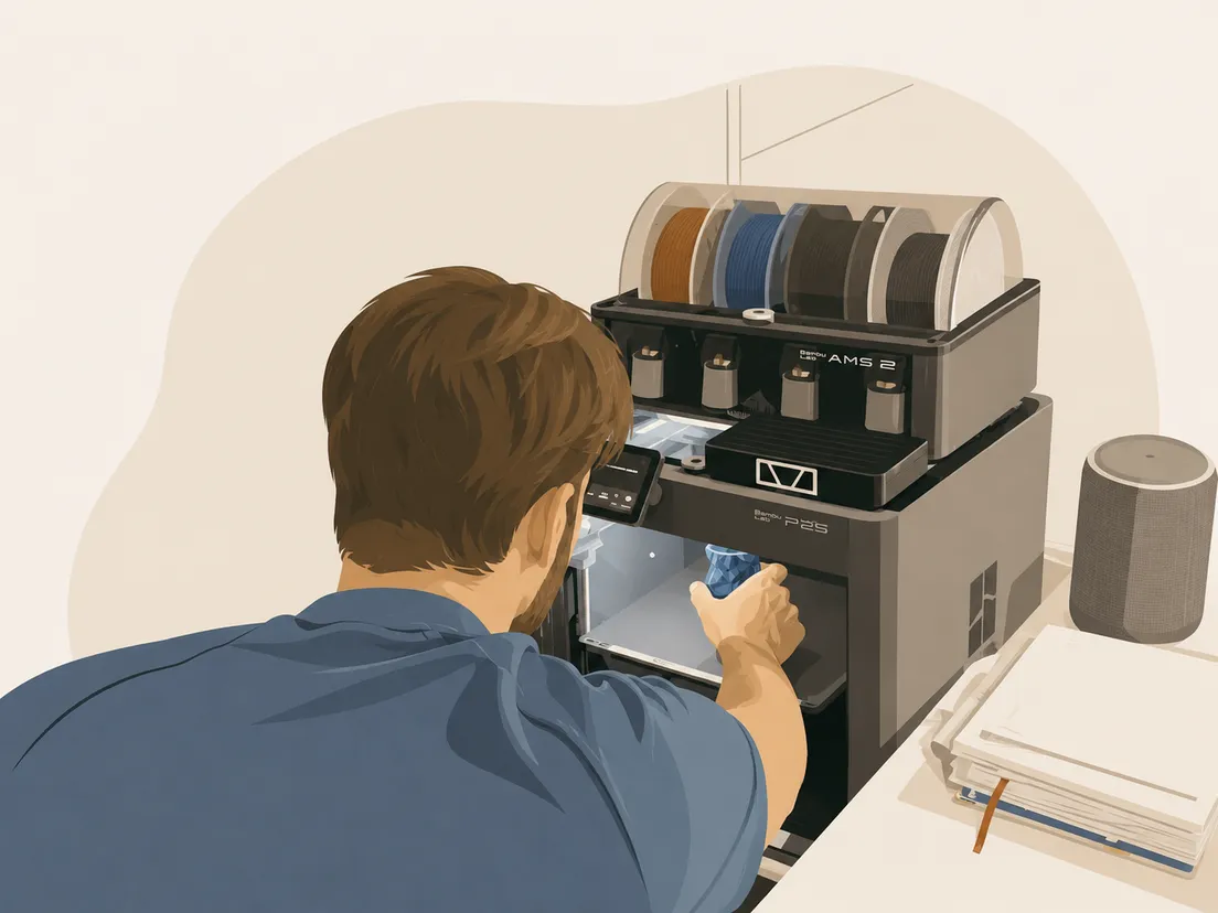 Illustratie van Rob die een blauwe 3D-print uit zijn Bambu Lab P2S haalt, met AMS 2 en filamentrollen erbovenop